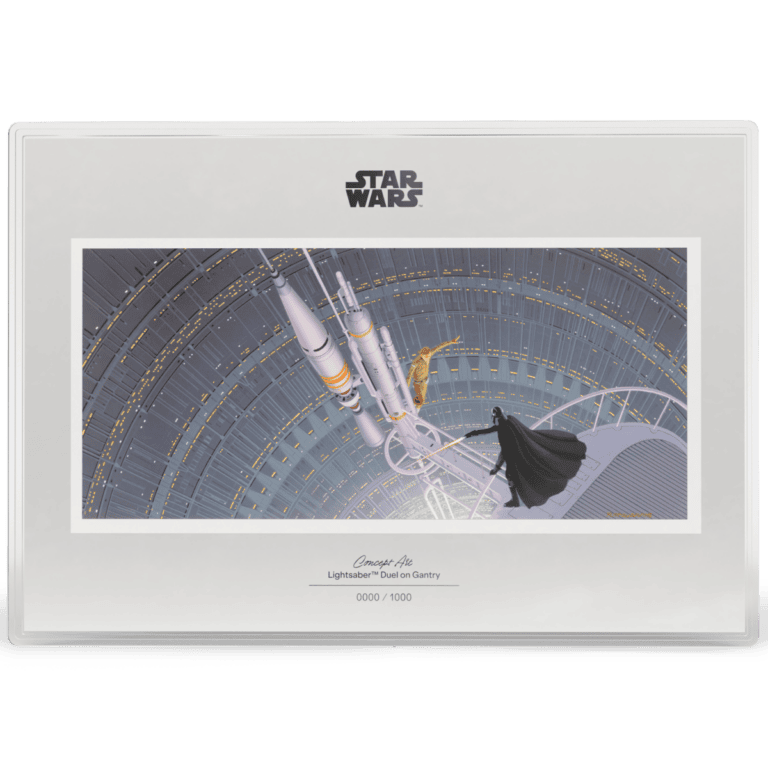 Star Wars lightsaber duel on gantry, silver proof foil, colorized, limited edition collectible.