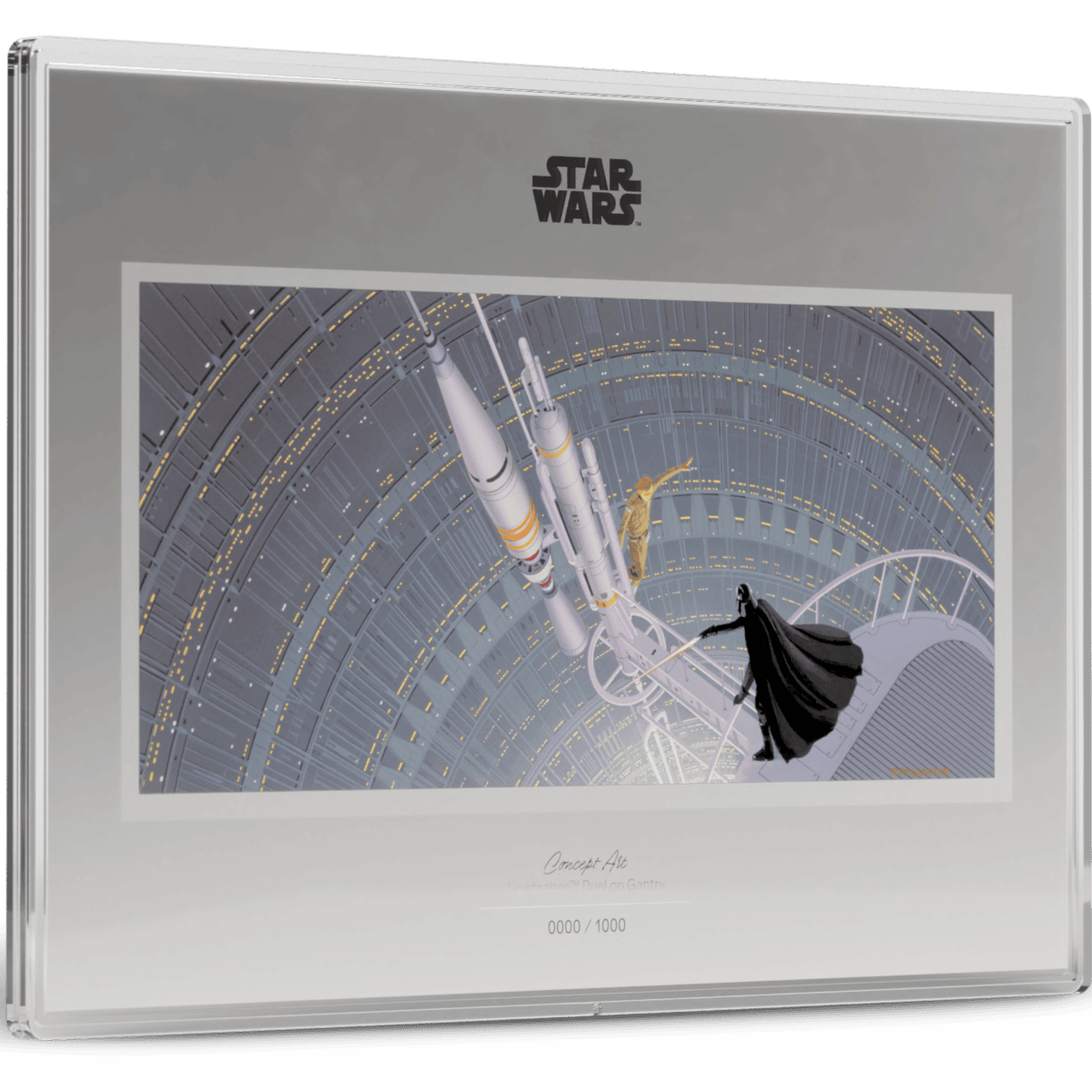 Iconic Star Wars concept art featuring a lightsaber duel on Gantry, encapsulated in a 1 oz silver proof colorized foil coin.