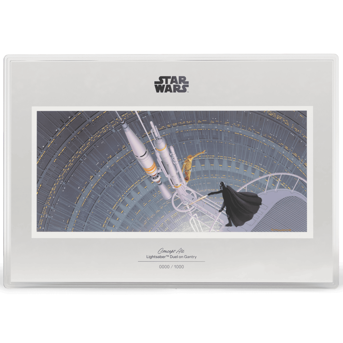 Star Wars lightsaber duel on gantry, silver proof foil, colorized, limited edition collectible.