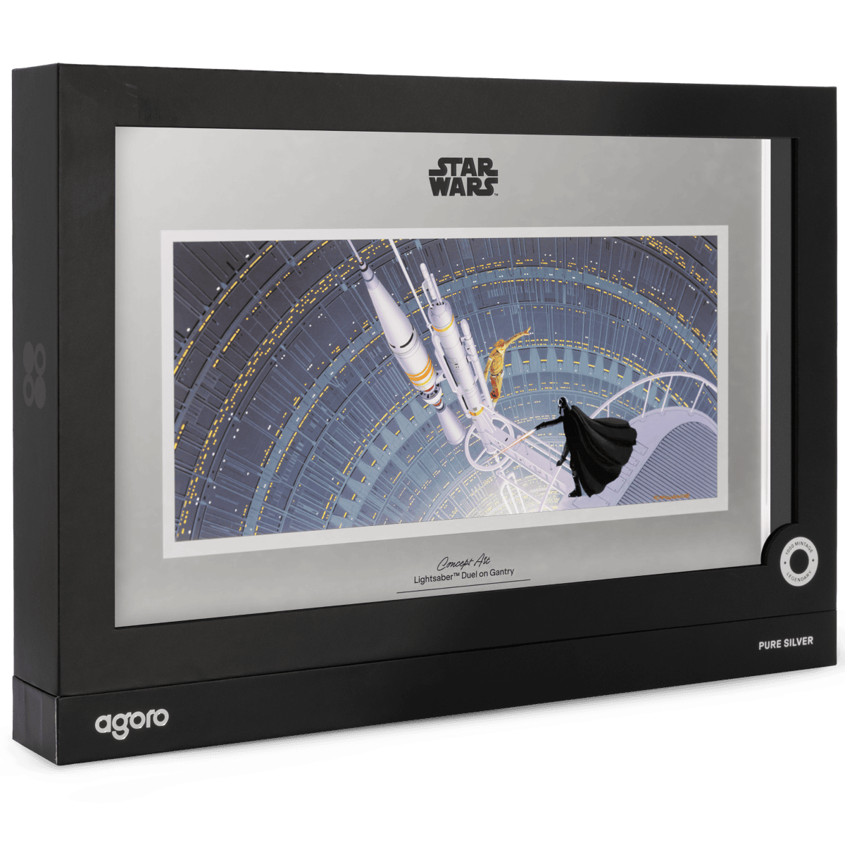 Shiny silver Star Wars collectible coin featuring lightsaber duel on gantry, colorized foil, and premium packaging.