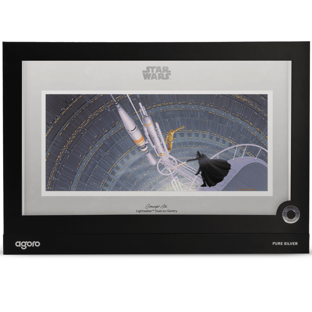 Glowed lightsaber duel between Darth Vader and Luke Skywalker on a galactic gantry in Star Wars art, on a silver proof foil collectible.