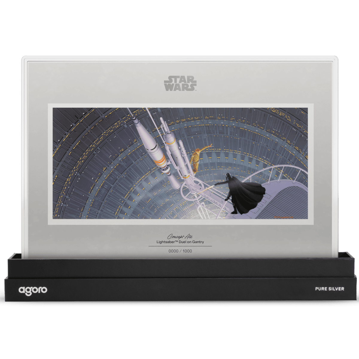 Star Wars lightsaber duel on gantry, silver proof collectible with colorized foil, limited edition 1 oz. product.