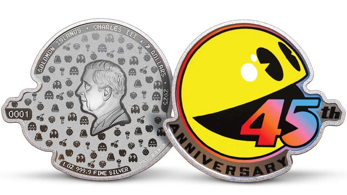 Shaped 1 oz silver proof-like coin featuring Charles III and Pac-Man for 45th anniversary celebration.