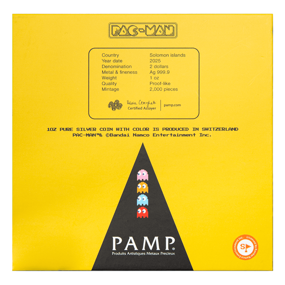 Colorized Pac-Man 45th Anniversary 1 oz Silver Coin in vibrant yellow packaging.