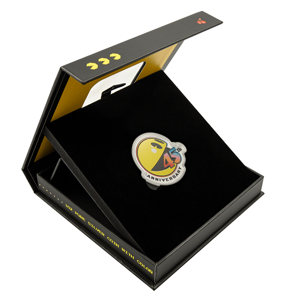 Colorized 45th Anniversary 1 oz Silver Proof-Like Coin in display box with commemorative emblem.