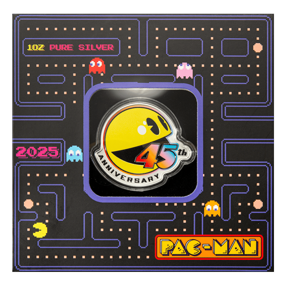 1. Pac-Man 45th anniversary silver coin with Pac-Man design in a decorative Pac-Man-themed box.