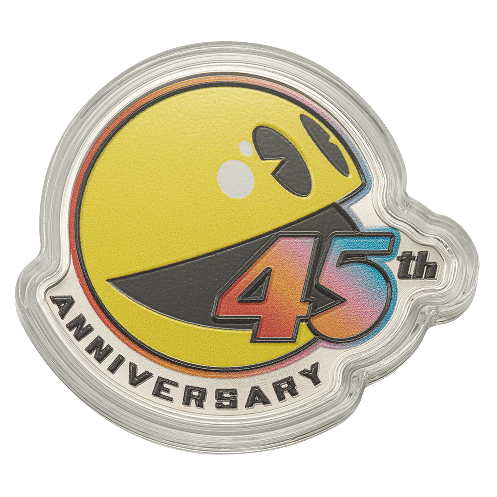 Colorful 45th anniversary coin with Pac-Man design and "44th" inscription, in proof-like finish, showcasing collectible precious metal detail.