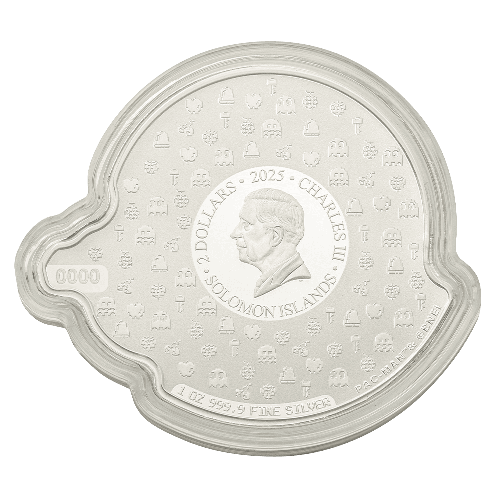 Shiny silver proof-like coin in capsule featuring a portrait of King Charles III, celebrating the 45th anniversary, with colorful elements.