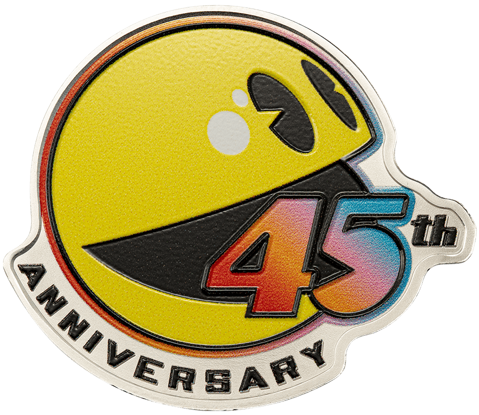 Bright yellow Pac-Man character with "45th" and "Anniversary" text on a silver-colored coin, celebrating a 45th anniversary milestone.