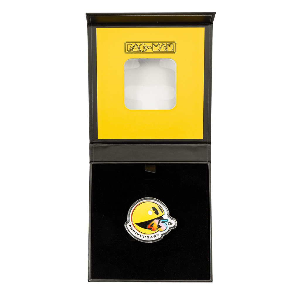 Colorized Pac-Man 45th Anniversary 1 oz Silver Proof-Like Coin in open box with display window.