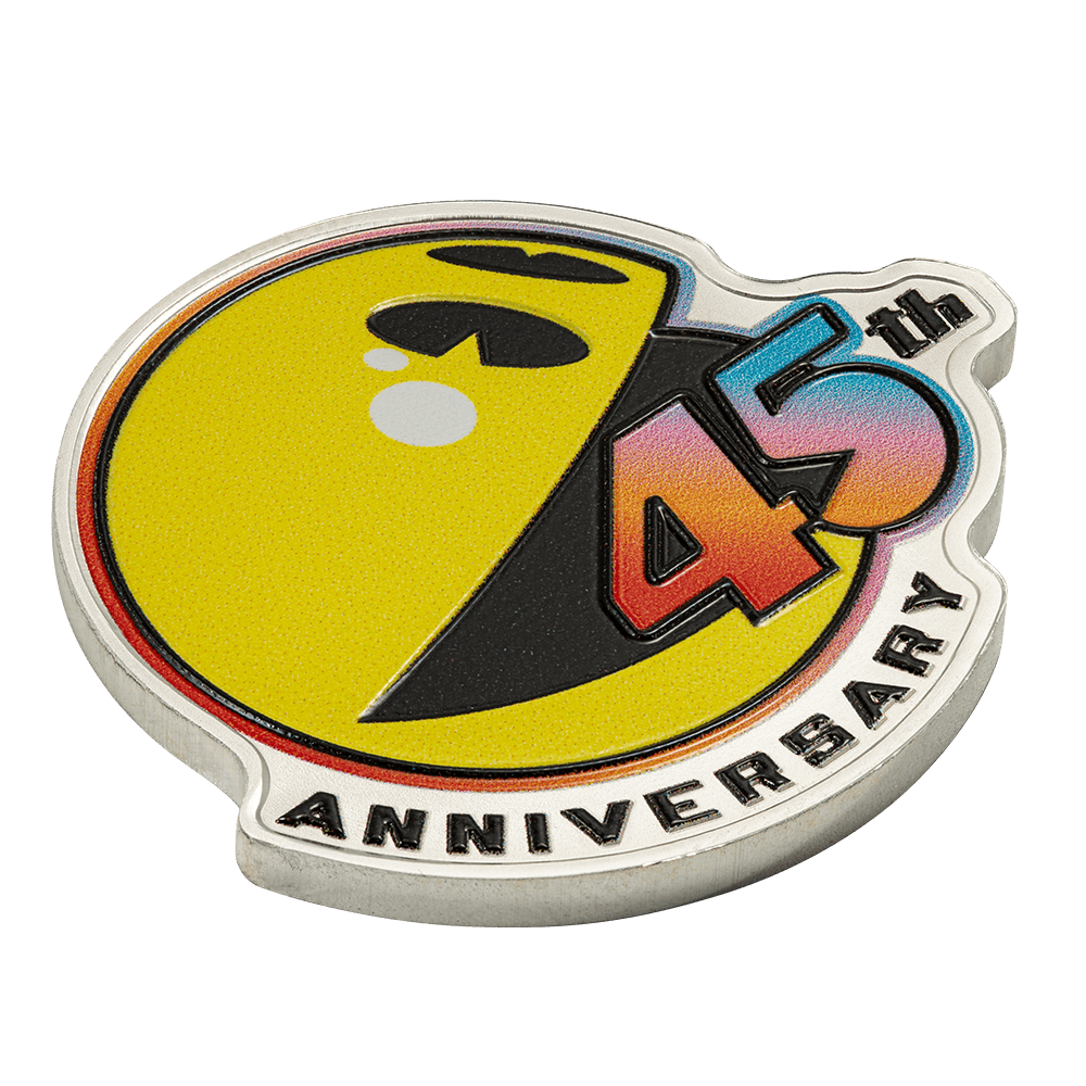 Colorized 45th anniversary silver coin with vibrant design, front view highlighting the detailed coloration and relief.
