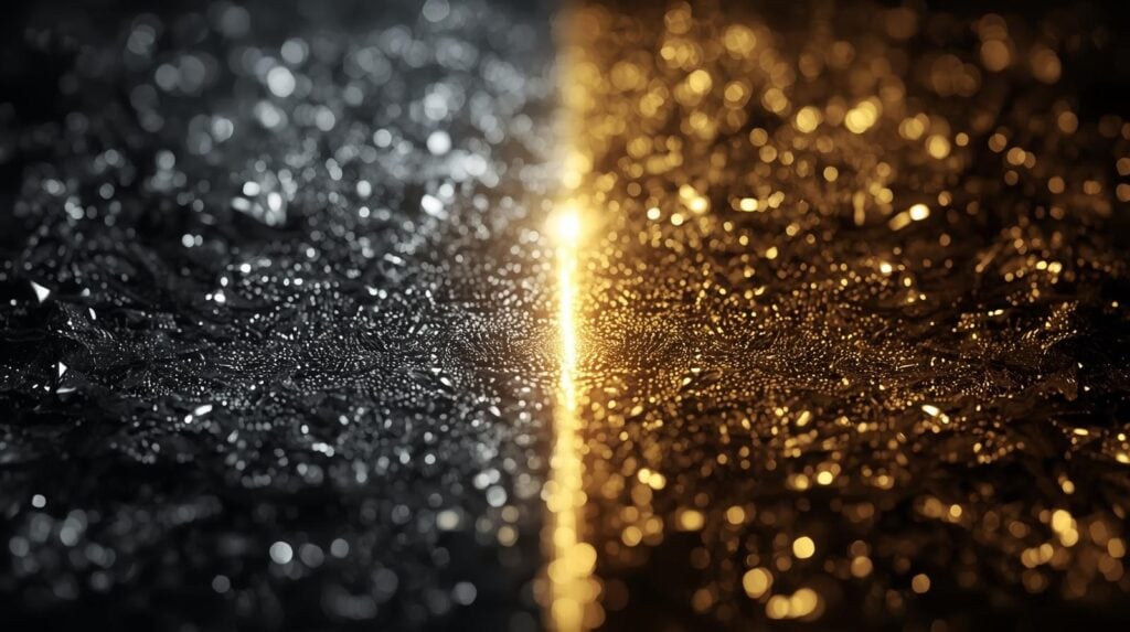 Glittering silver and gold metal surfaces with reflective textures captured at a close angle, highlighting their luminous qualities.