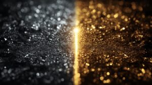 Glittering silver and gold metal surfaces with reflective textures captured at a close angle, highlighting their luminous qualities.
