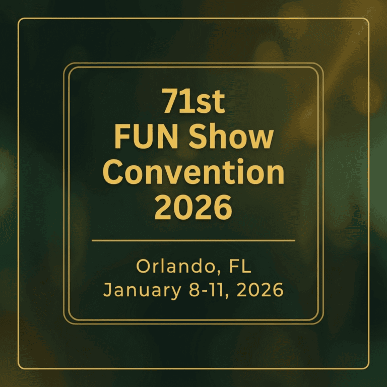 Shiny gold-finished coin from the 71st FUN Show Convention 2026, Orlando, FL, January 8-11, viewed from the front.