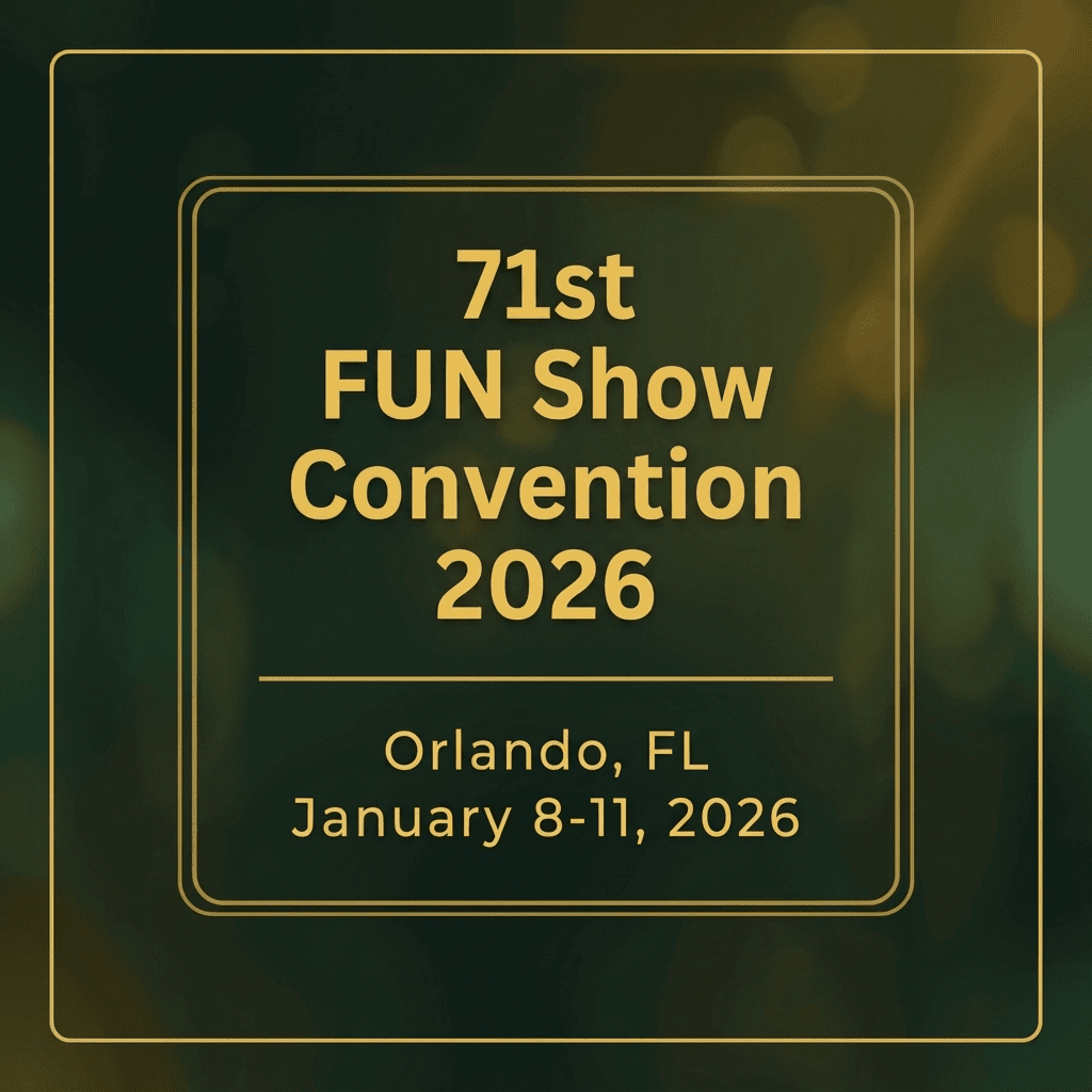 Shiny gold-finished coin from the 71st FUN Show Convention 2026, Orlando, FL, January 8-11, viewed from the front.