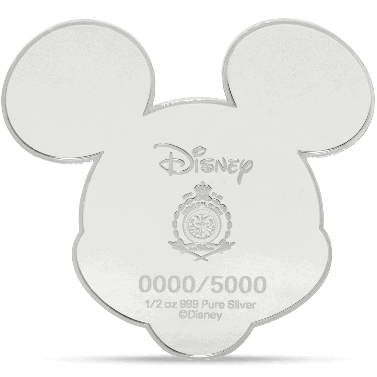 Bright silver Mickey Mouse silhouette coin with Disney logo and intricate design details.