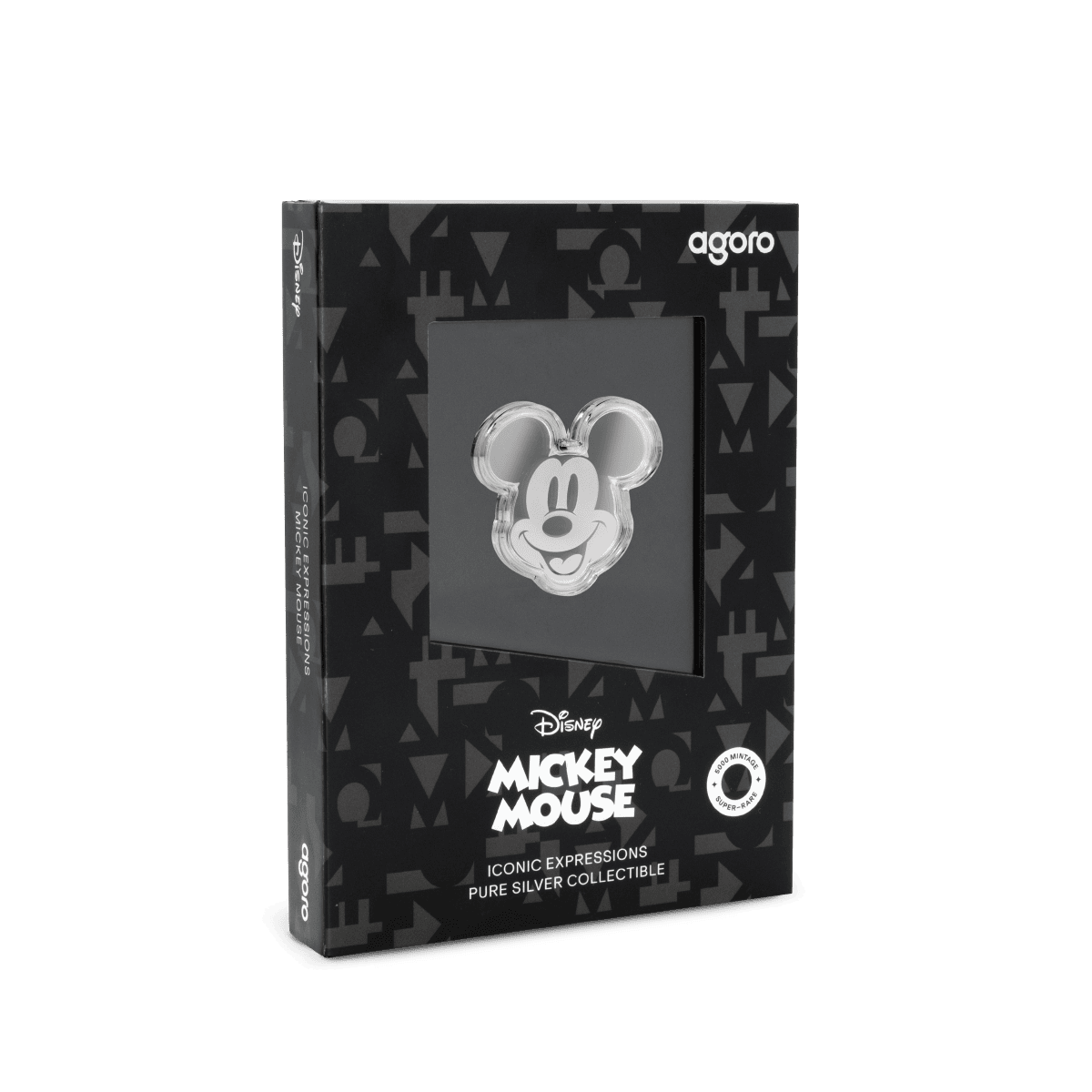 Mickey Mouse silver collectible coin with iconic expressions in proof silver, packaged in a decorative box.