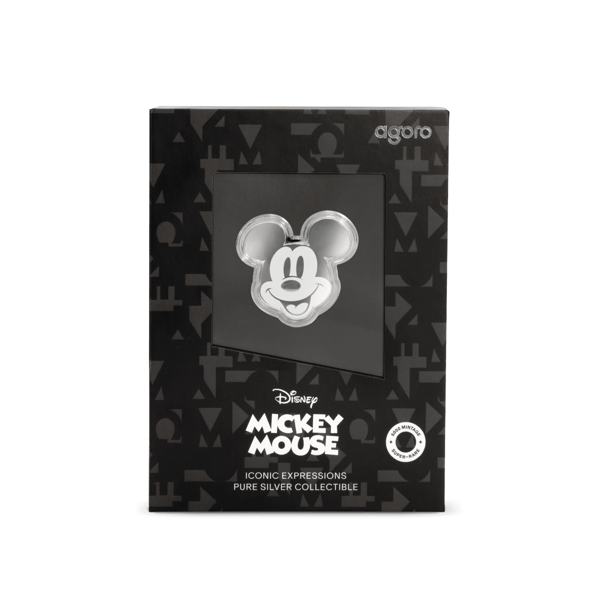 Shiny silver Mickey Mouse face collectible coin inside a black box with Disney and Agoro branding.
