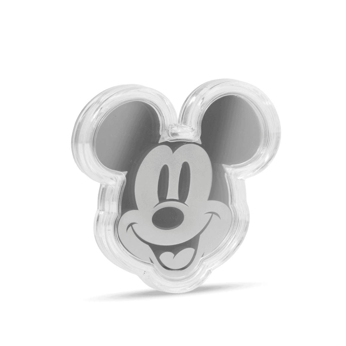 Mickey Mouse face shaped silver coin with iconic Disney smile, part of the 2026 Niue Agoro Proof Silver series.