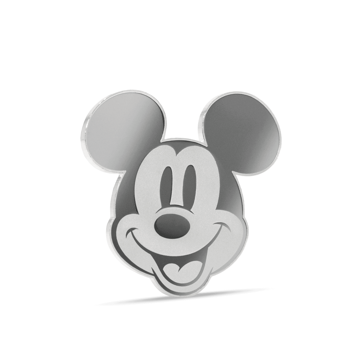Smiling Mickey Mouse face in silver, featuring iconic Disney character with large ears and cheerful expression.