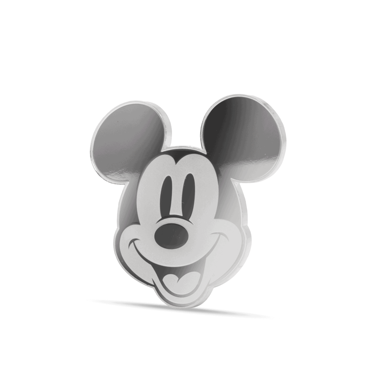 Smiling Mickey Mouse face in silver, iconic Disney character, collectible proof coin, 0.5 oz Niue silver round.