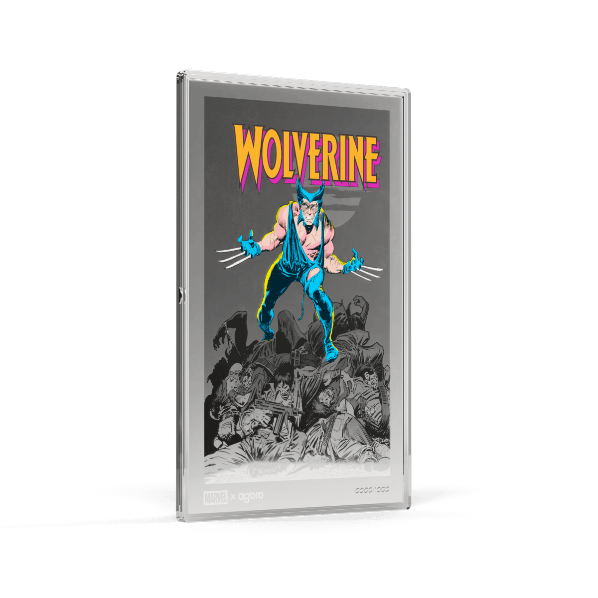 Vintage Marvel Wolverine comic cover on a 1 oz silver foil with chase, featuring a detailed graphic design and collectible packaging.