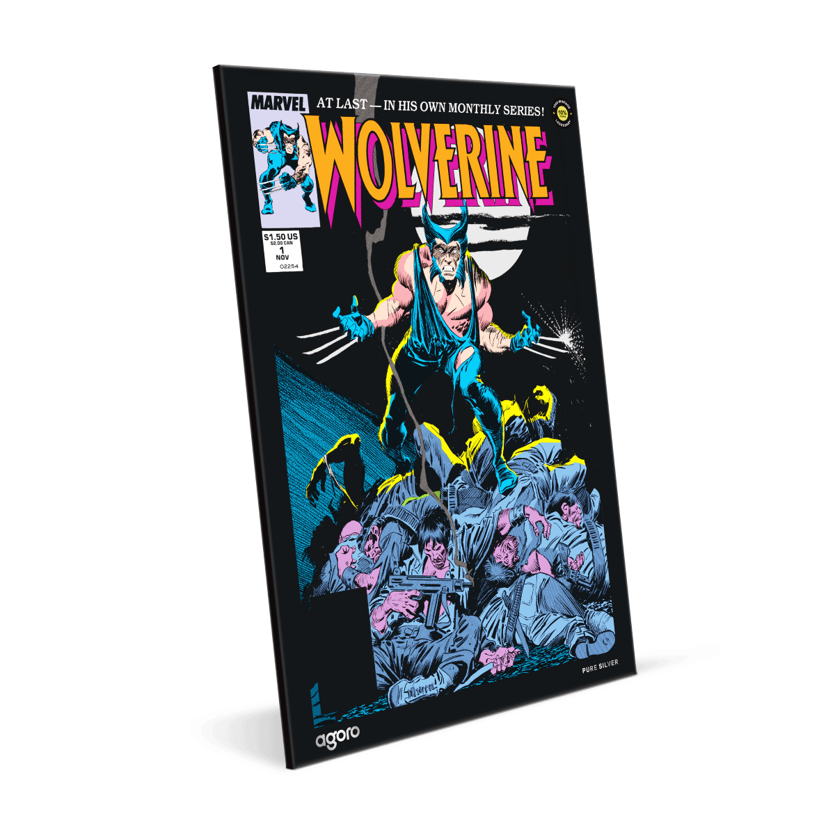 Wolverine comic cover featuring silver foil collectible with Marvel artwork, chase packaging, 1 oz silver, limited edition.