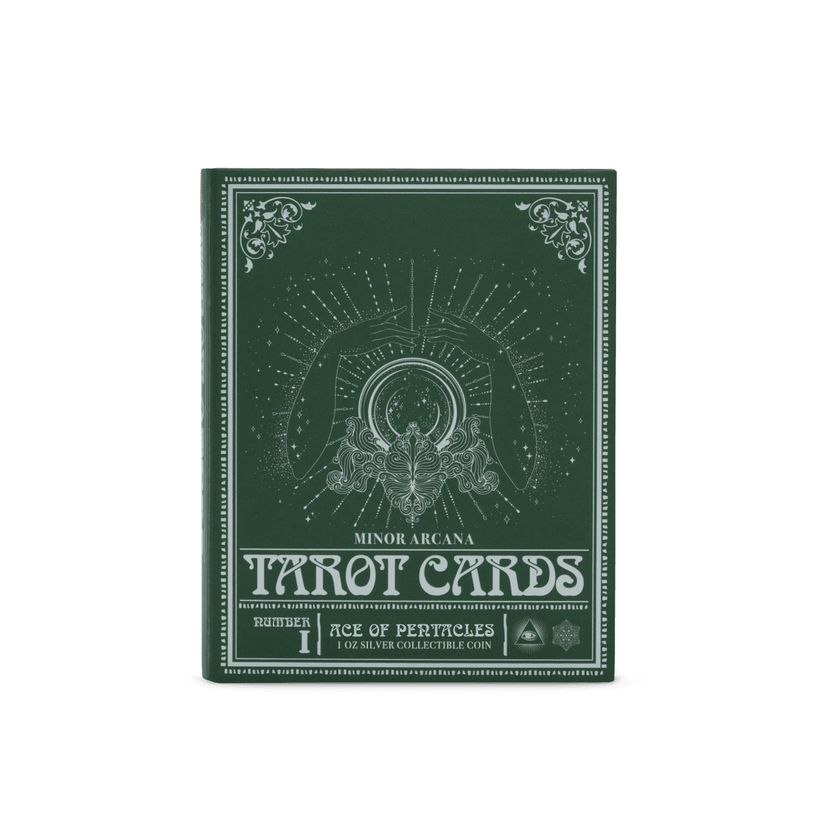 Intricate green tarot card box with white line art, featuring the Ace of Pentacles symbol and mystical design elements.