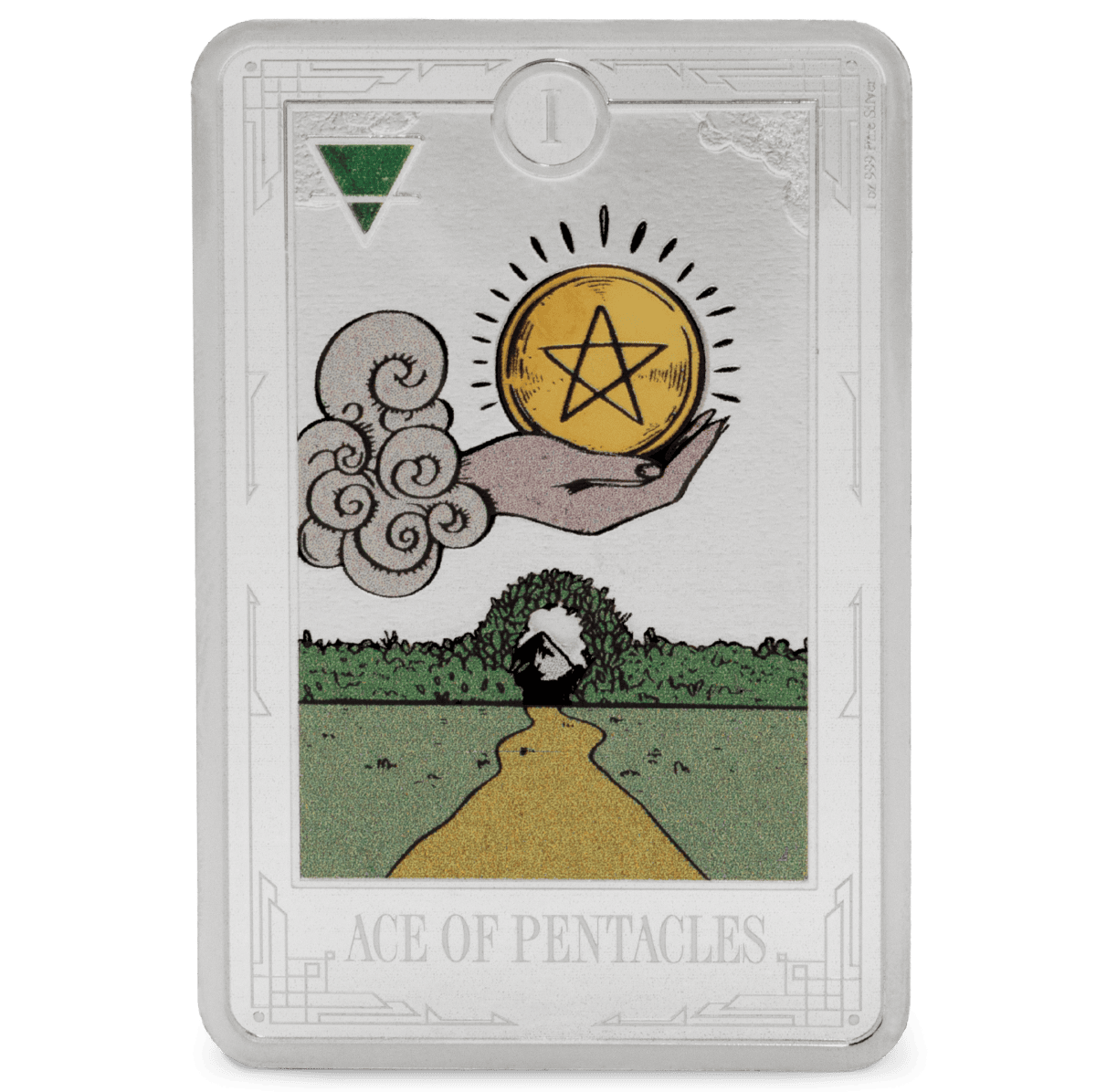Vintage Niue Agoro Tarot Card Ace of Pentacles 1 oz Silver Colorized Proof Coin, Front View.