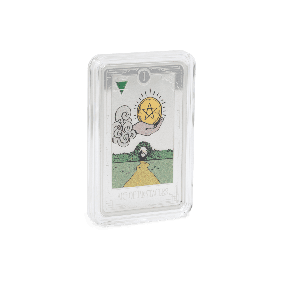 Colorized tarot-themed silver coin featuring the Ace of Pentacles and a protective case, perfect for collectors.
