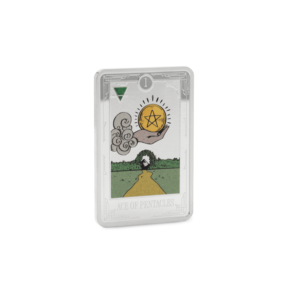 Vintage-inspired tarot-themed silver coin featuring the Ace of Pentacles with colorful embellishments and intricate details.