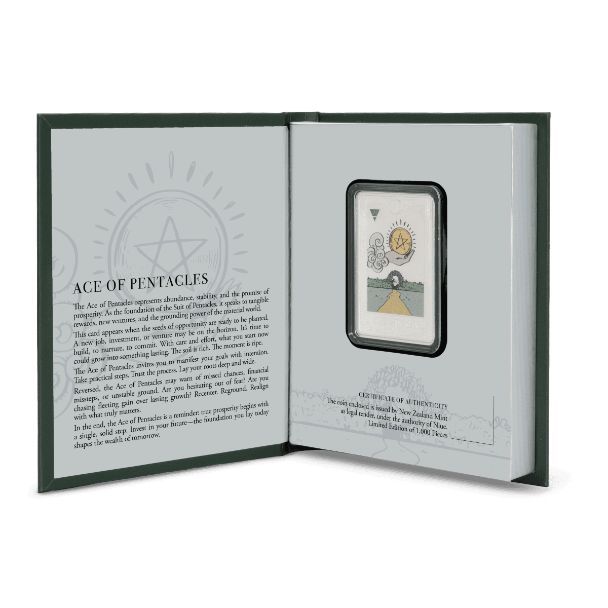 Vibrant colorized image of the Ace of Pentacles tarot card, crafted in 1 oz silver, with a detailed and elegant design.