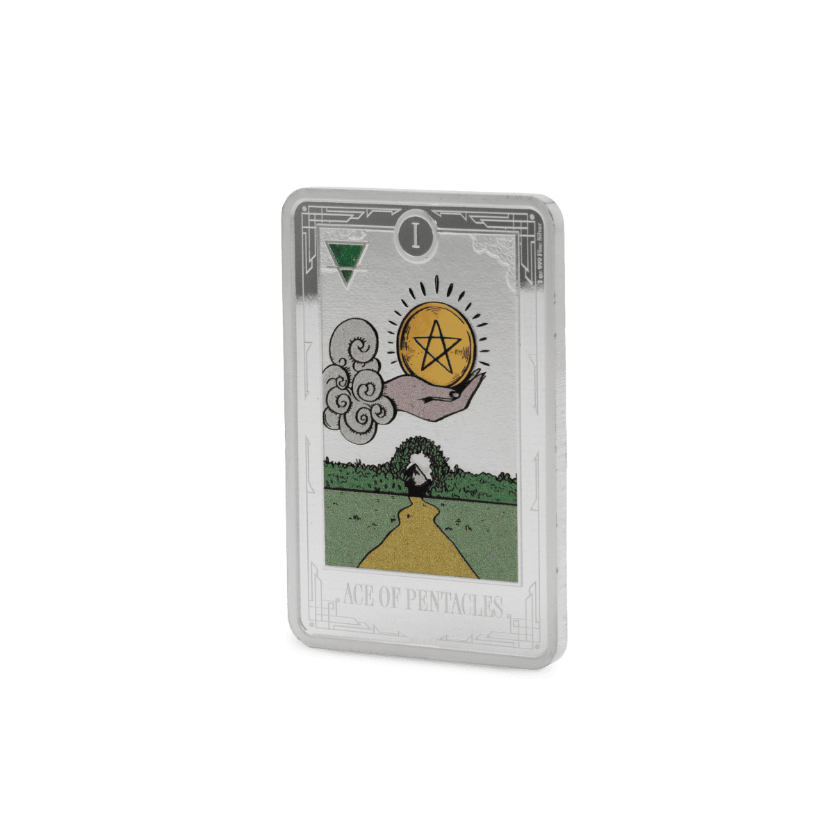 Intricate silver coin featuring the Ace of Pentacles tarot card with colorful design and detailed artwork in a premium display box.