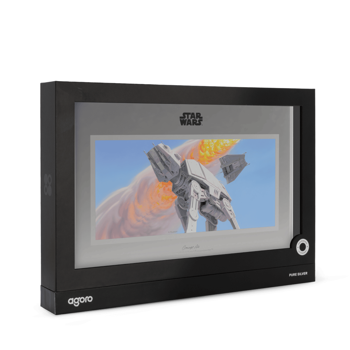 Nuclear Star Wars imperil Walker and Snowspeeder design on a silver foil collectible display.