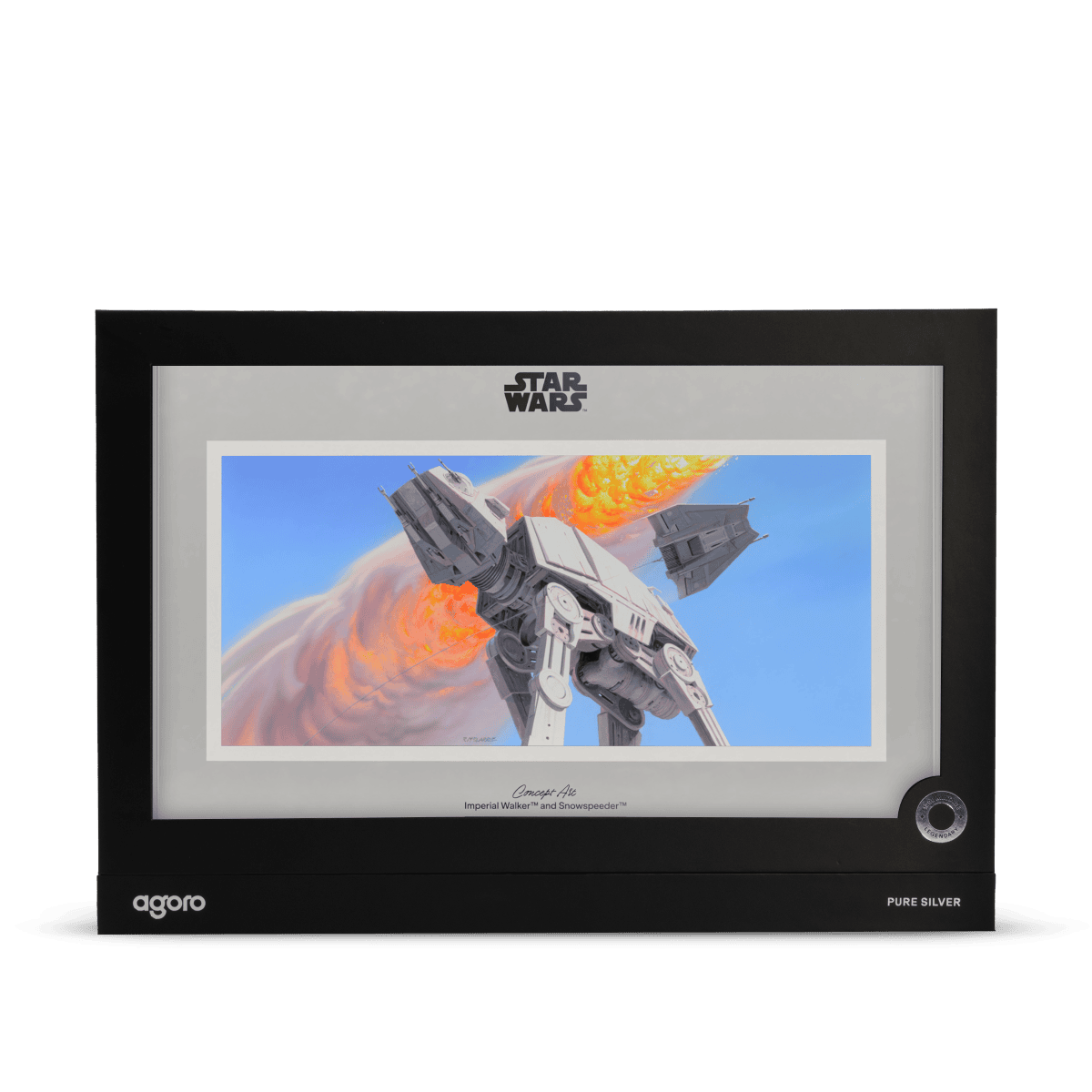 Imperial Walker and Snowspeeder Star Wars concept art on 1 oz silver foil collectible display.