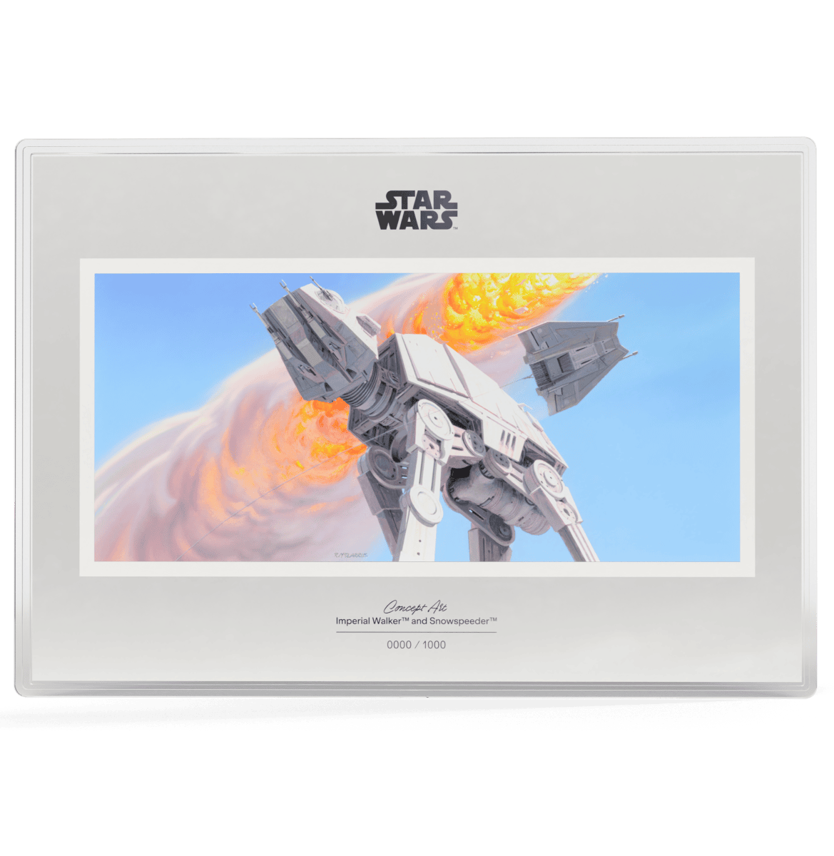 Detailed Star Wars Imperial Walker and Snowspeeder silver foil art with vibrant spaceship imagery.