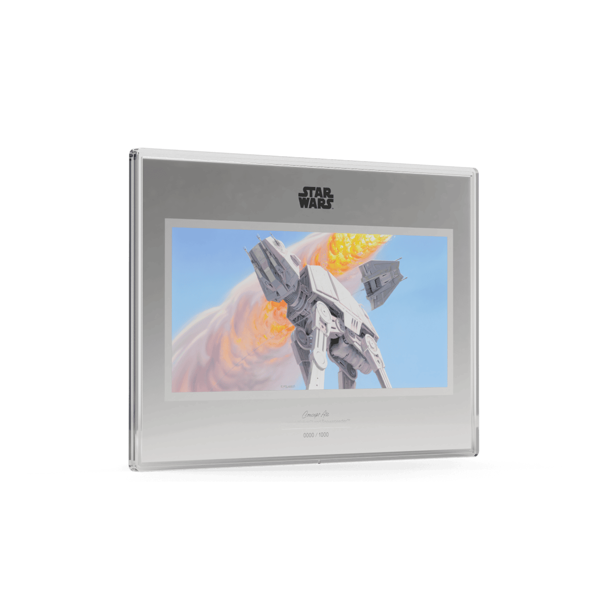 Imperial Walker and Snowspeeder Star Wars concept art on 1 oz silver foil, collectible with limited edition serial numbering.