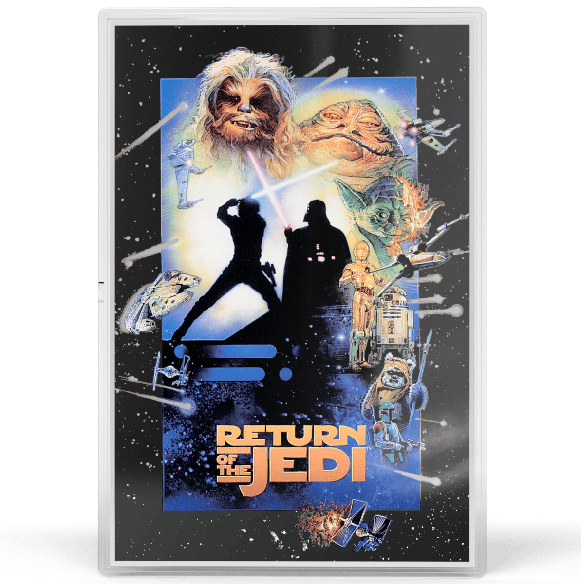 Detailed Star Wars Return of the Jedi poster on a silver foil coin.