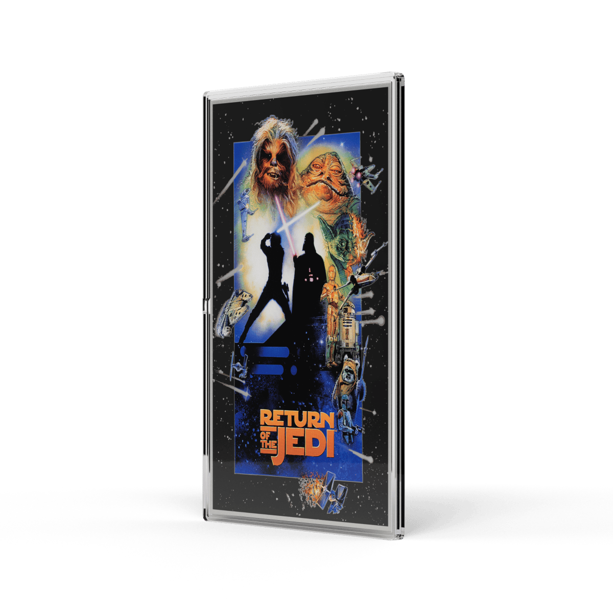 Star Wars Return of the Jedi 1 oz Silver Foil Collector's Coin in clear case, featuring iconic movie art.