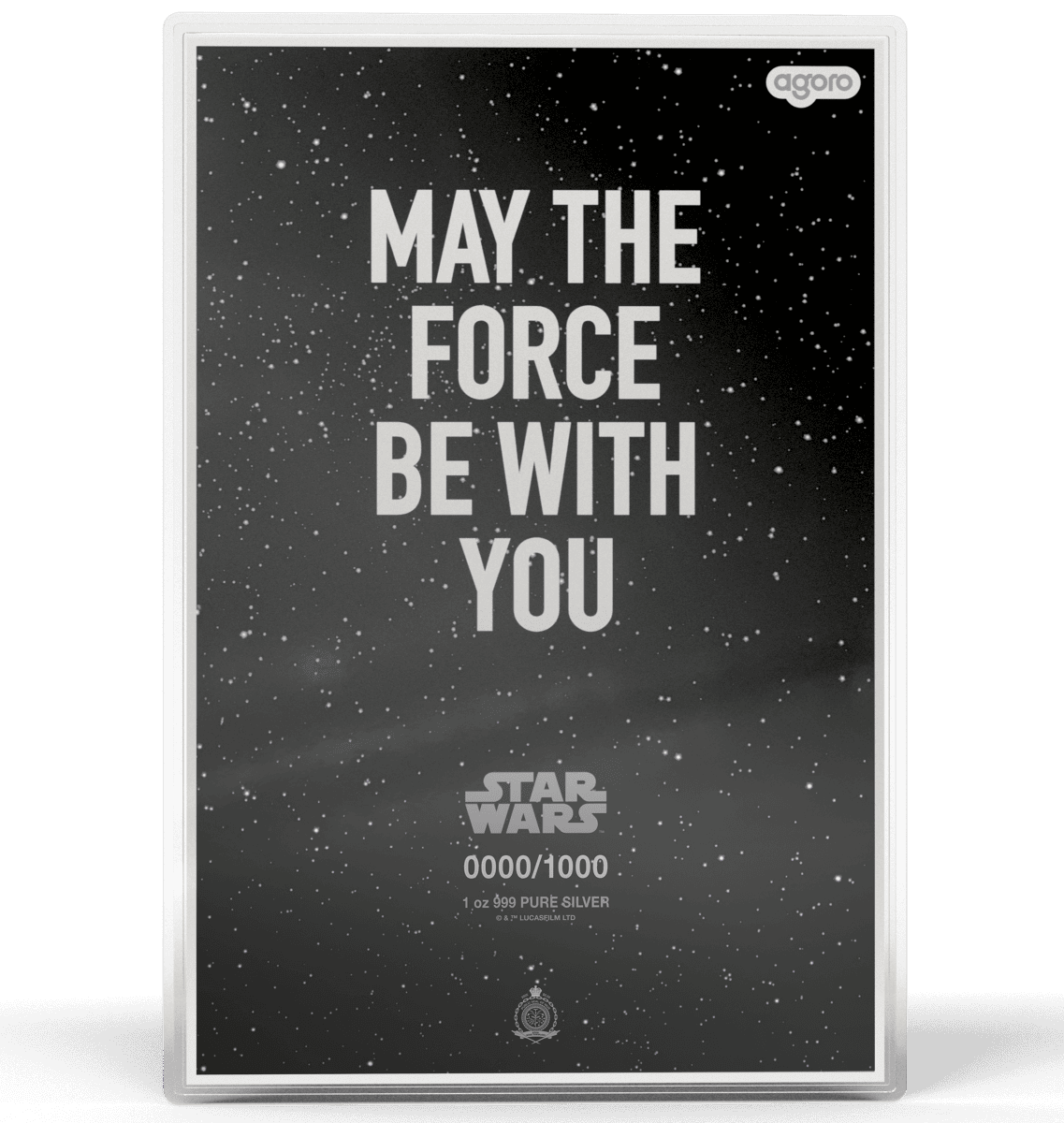 Shiny silver foil Star Wars poster featuring "May the Force Be With You" quote, with limited edition serial number and 1 oz silver details.