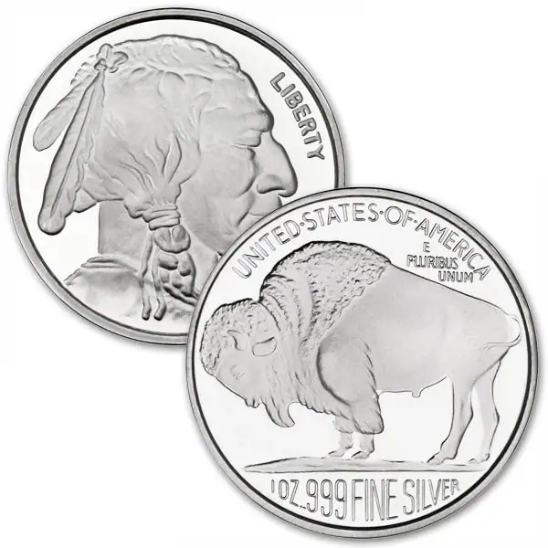 1 oz Silver Buffalo Round, side angle, 2023, Minted by US Mint, featuring iconic buffalo design, pure silver, colle.