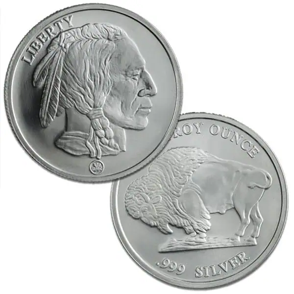 1 oz Silver Buffalo Round, side angle, 2023, minted by the US Mint, featuring detailed buffalo design, .999 silver.