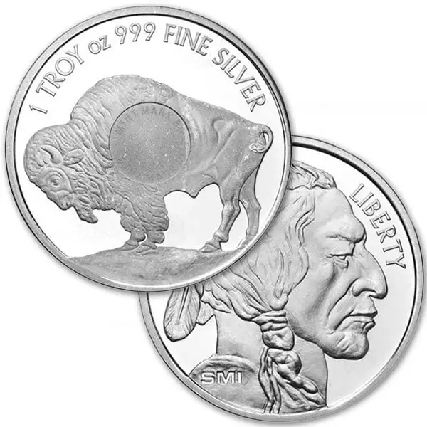 1 oz Silver Buffalo Round, side angle, 2023, Minted by US Mint, featuring Native American theme, pure .999 silver.