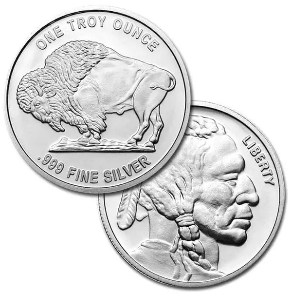 One Troy Ounce Silver Buffalo Round 2023, Minted by the US Mint, featuring detailed Native American profile, perfec.