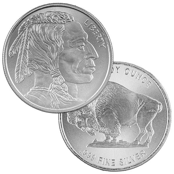 American Indian Head and Buffalo Silver Round, 2023, Minted by secondary market, 1 oz weight, front and back angle.