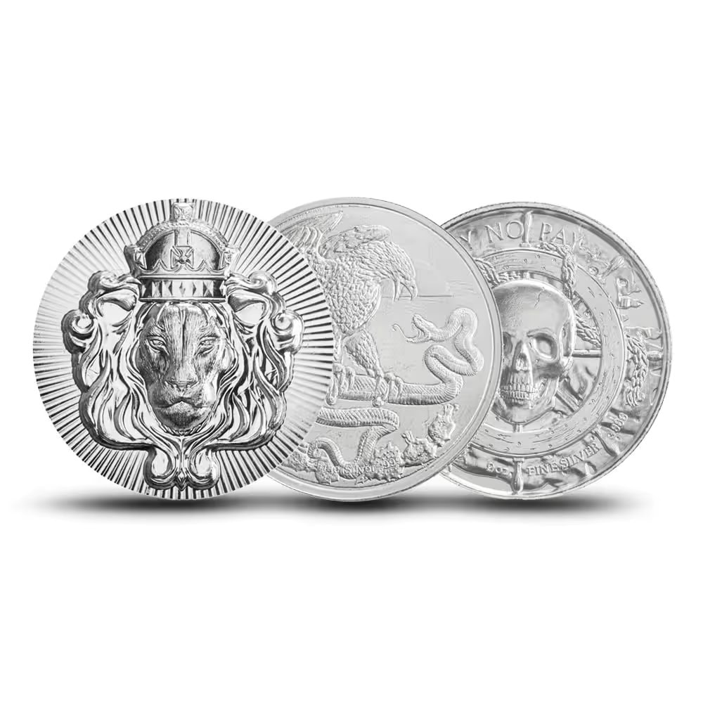 Shiny 2 oz silver round, minted in 2023 by Generic Mint, featuring a lion's head from the side angle, showcasing in.