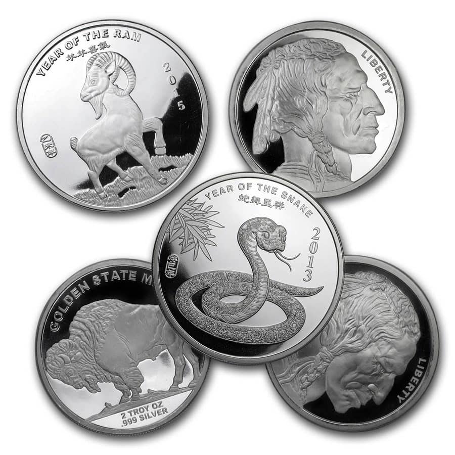 2 oz silver round, 2013, made by Golden State Mint, featuring snake and ram themes, detailed design, perfect for co.