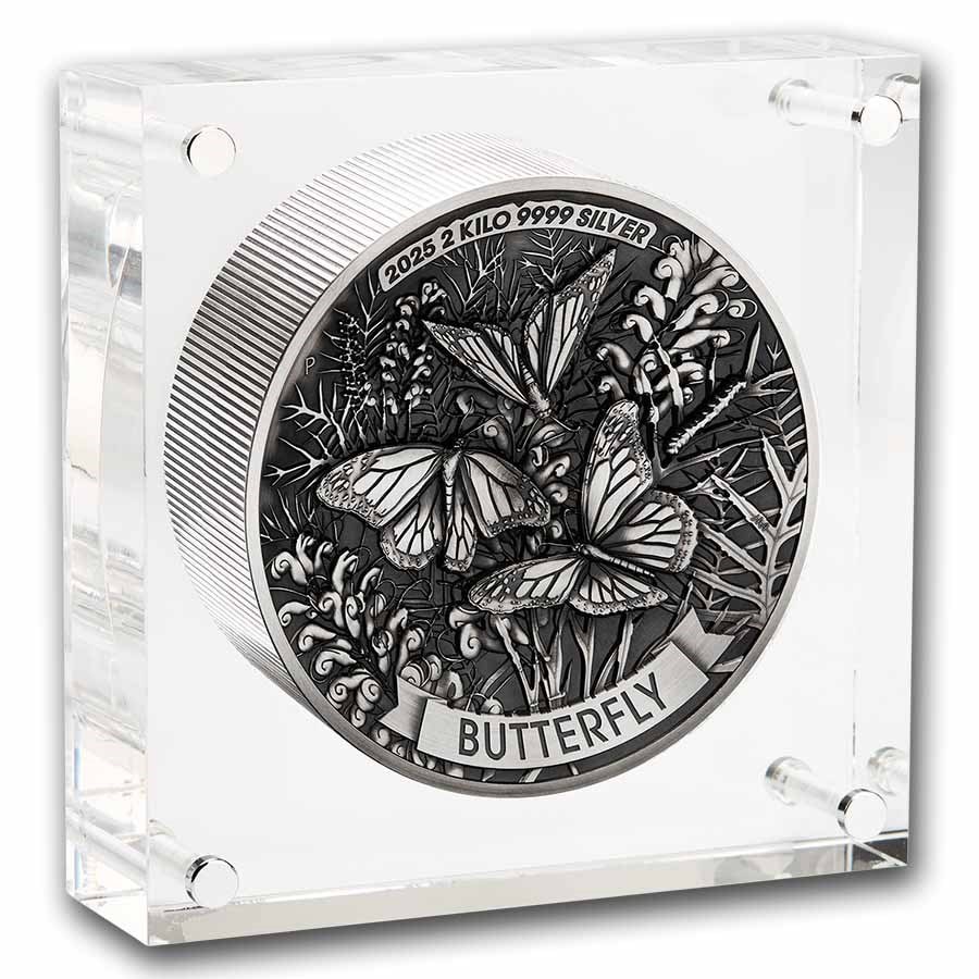 2025 Australia Butterfly silver coin, 2kg high relief, minted in Australia, detailed butterfly design, antiqued fin.