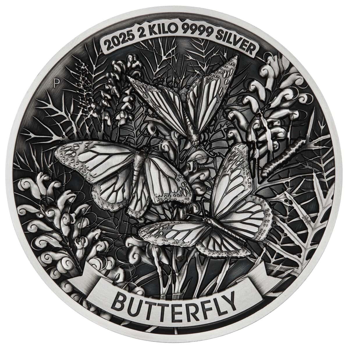 Intricate 2025 Australia Butterfly 2 Kilo Silver Antiqued High Relief Coin from Perth Mint, showcasing detailed but.