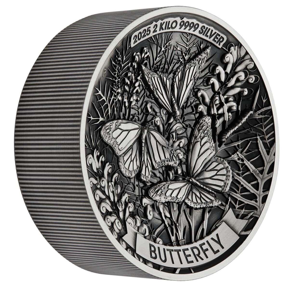 2025 Australia Butterfly silver coin, 2kg, minted by GR Reserve, high relief, antiqued finish, featuring detailed b.
